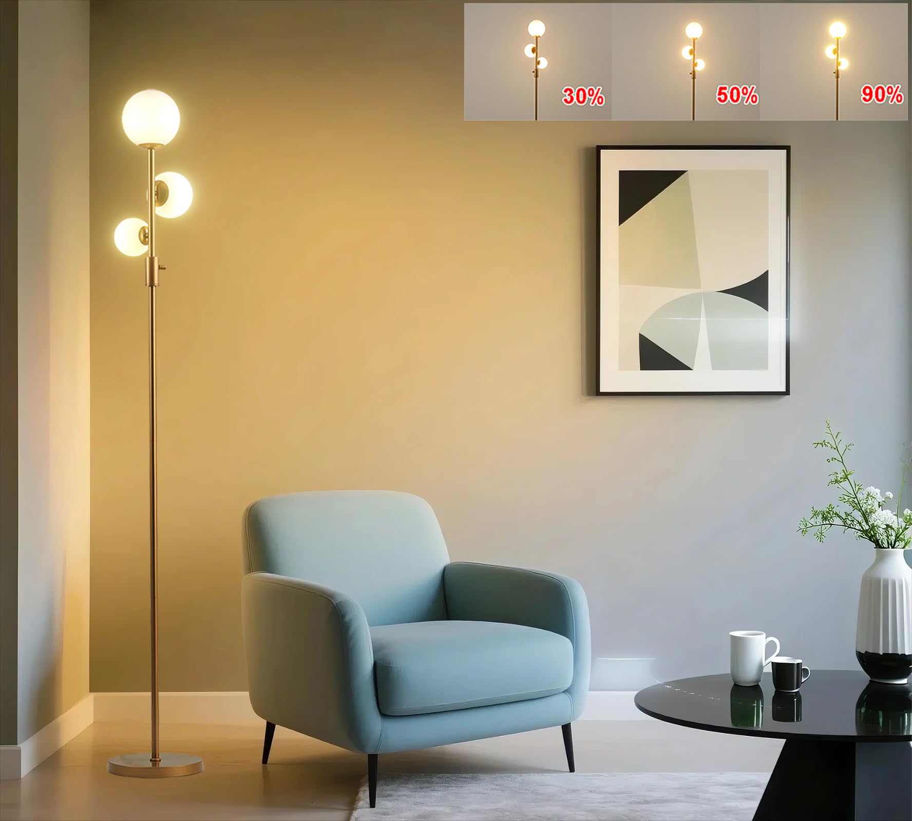 Photo 1 of Fiqevs Upgrade Dimmable Floor Lamp, 3 Globe Mid Century Floor Lamps for Living Room with Frosted Glass Shade and 3 LED Bulbs, Vintage Modern Gold Standing Lamp for Bedrooms, Office - Antique Brass