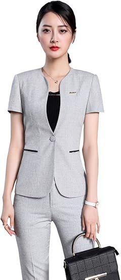 Amazon 激情女郎 リクルートスーツ レディース ビジネススーツ 半袖 セット フォーマル 就活通勤事務服ol スカートパンツスーツ スリム 洗える グレー ジャケット パンツ 3xl スーツ 通販