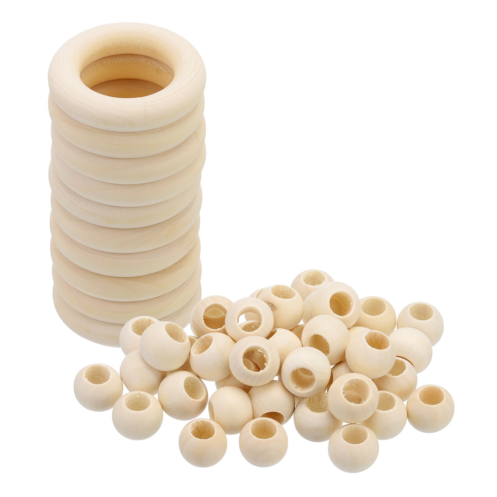 PATIKIL Natural Wood Rings and Unfinished Wooden Beads Set, 10Pcs 50mm Wood Hoop & 30Pcs 20mm Wood Color Round Loose Beads for DIY Pendant Connectors Jewelry Making Macrame Wall