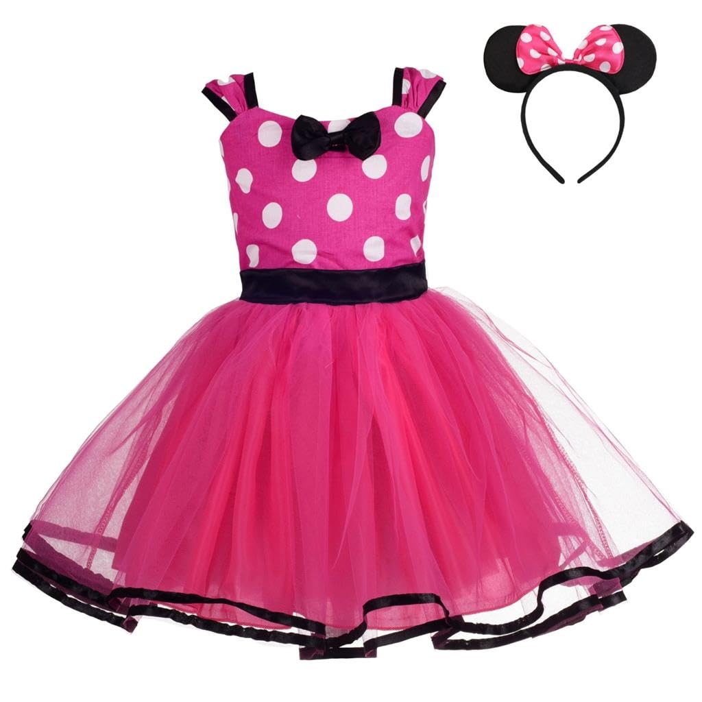 Lito Angels Minnie Fancy Dress Up Costume with Mouse Ears Hair Hoop for Baby Girls, Halloween Birthday Party Mini Polka Dot Tulle Skirt, Age 12-24 Months (Tag Number 100), Hot Pink