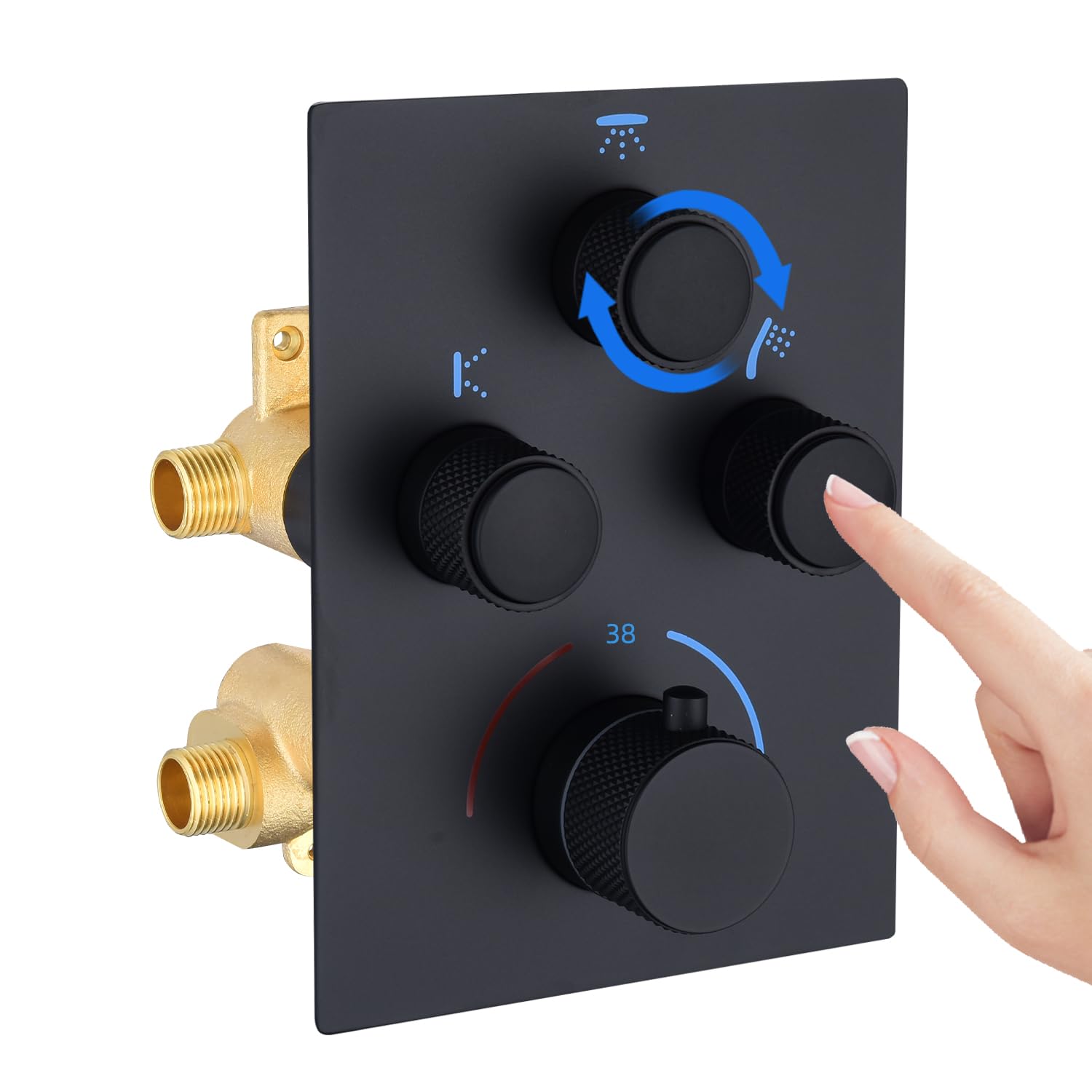 Thermostatic Concealed Shower Mixer Valve - 3 Way Brass Diverter with Push Button, Adjustable Flow & Temperature, 3 Outlets Can Simultaneous Operation (Matte Black)