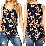 Lisingtool Women's Butterfly Print Sleeveless Chiffon Tank Top Shirts Crew Vest (Medium)
