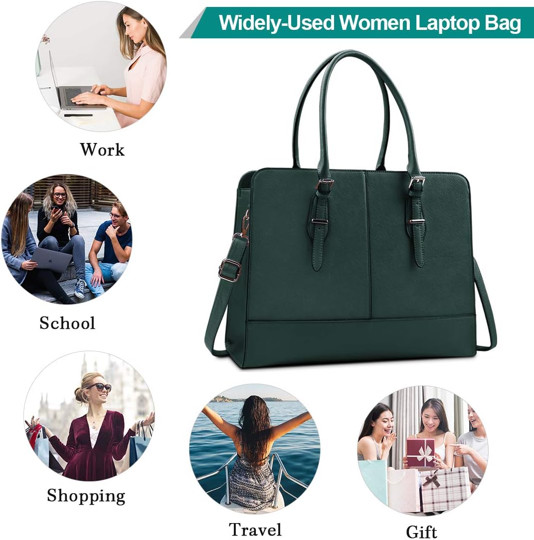 Women Laptop Bag Leather Work Tote 15.6 Inch Laptop Computer Bag Business Shoulder Messenger Bag (DeepGreen): Electronics