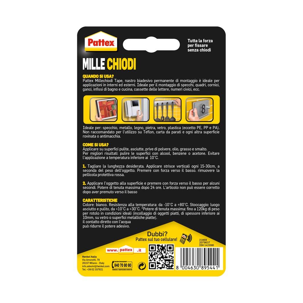 Pattex Millechiodi Tape Nastro Biadesivo Extra Forte Per Applicazioni Permanenti Nastro Adesivo Di Montaggio Per Interni Ed Esterni 19 Mm X 15 M
