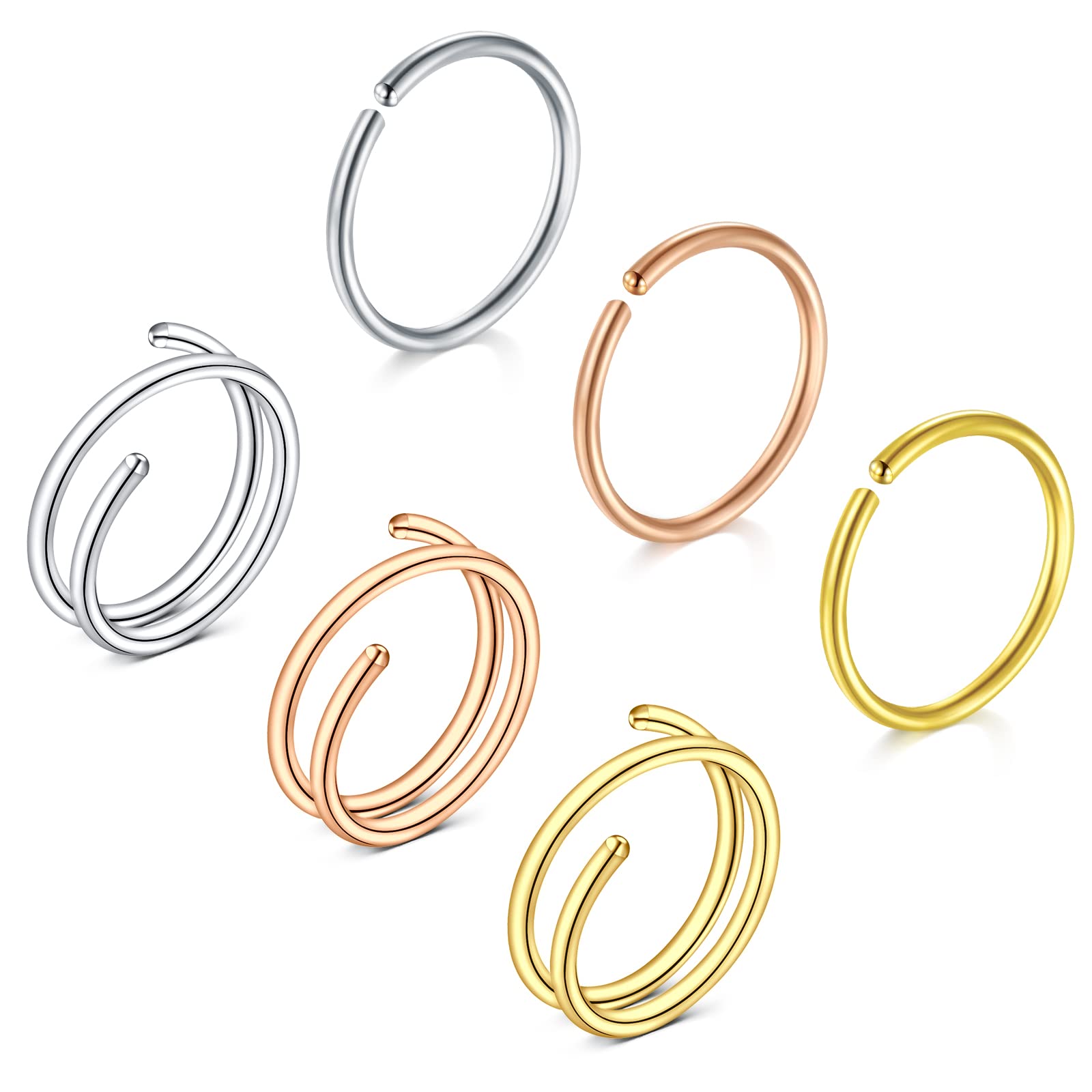 Briana Williams 6pcs Double Hoop Nose Rings 20G 8mm Spiral Nose Ring for Single Piercing Stainless Steel Silver Black Rose Gold