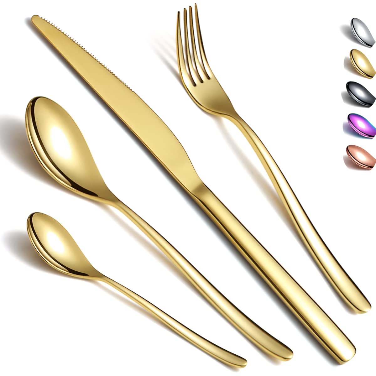 Cutlery Set 24 Pieces, Kyraton Stainless Steel Gold Flatware Set, Titanium Plating Gold Silverware Set Strong Anti Rust, Dishwasher Safe, Tableware Set Serving 6 People.