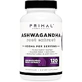 Primal Ashwagandha Root Extract 120 Capsules, 600mg per Serving - Gluten-Free, GMO-Free