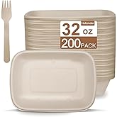100 Pack 32 oz Large Paper Bowls with 100 Forks, Rectangle Compostable Disposable Bowls, Heavy Duty Biodegradable Bagasse Bowl for Salad, Burrito, Nacho, Pasta, Microwave & Freezer Safe