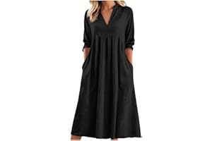 Linen Dresses for Women 2026 Casual V Neck 3/4 Sleeve Summer Long Maxi Dress Flowy Empire Waist Beach Vacation Clothes