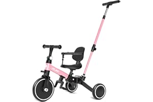 Glaf Tricycle for Toddlers 1-3 Toddler Bike with Push Handle 2-4 Years Baby Bike Toy for 1 Year Old Boys and Girls Balance Bike with Removable Pedal, Backrest, Adjustable Seat, Gifts (Pink