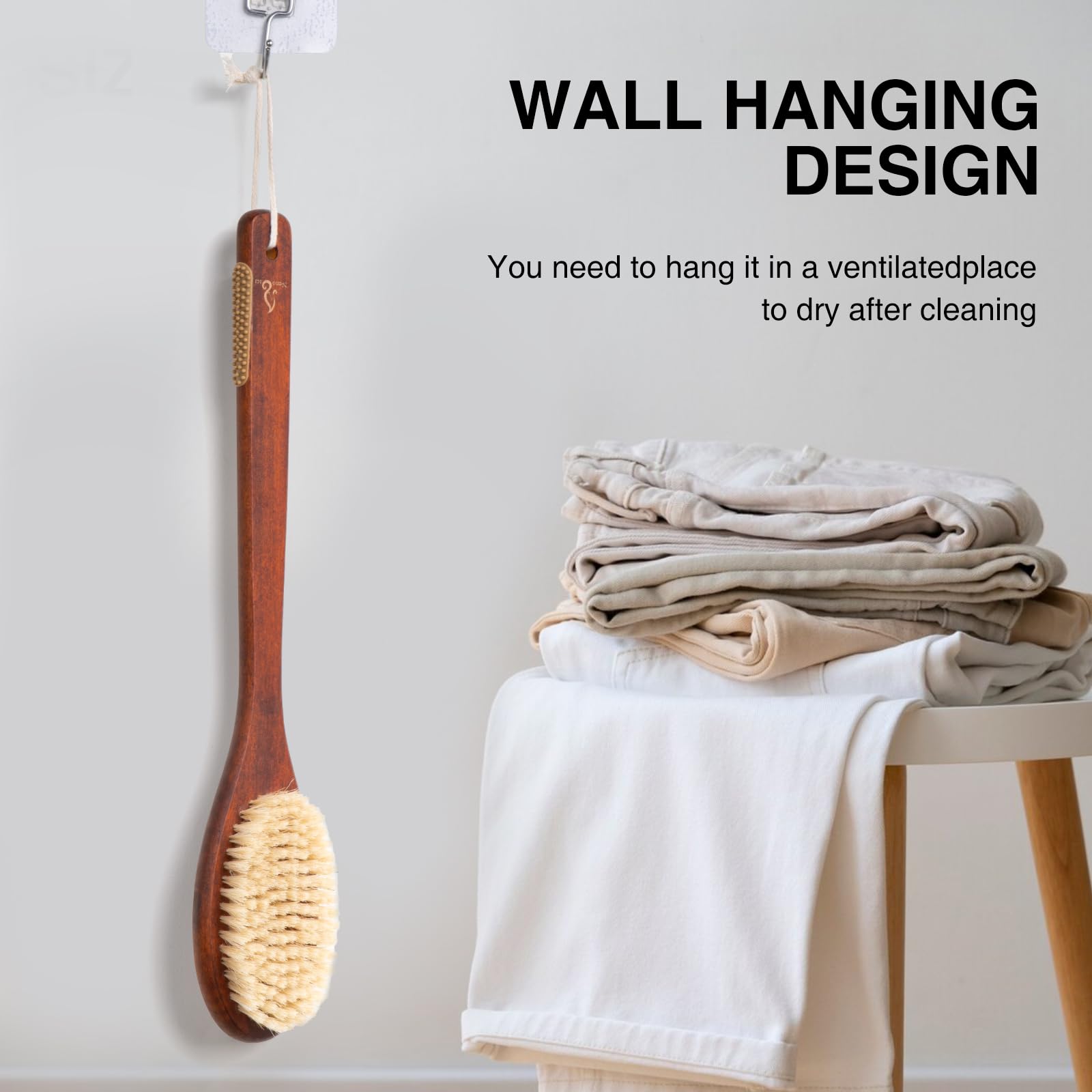Wooden Bath Brush with Stiff Sisal Bristles Long Handle for Shower Back Scrubber Body Exfoliator, with Hook for Hanging (Stiff Sisal Hair)