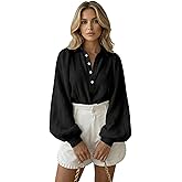 GORGLITTER Women's Half Button Blouse Tops Bishop Sleeve Mock Neck Work Office Shirts