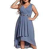 Ever-Pretty Plus Women's V Neck Applique Chiffon Pleated Sleeveless Midi Plus Size Cocktail Party Dresses