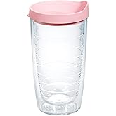 Tervis Clear & Colorful Lidded Made in USA Double Walled Insulated Tumbler Travel Cup Keeps Drinks Cold & Hot, 16oz, Pink Lid