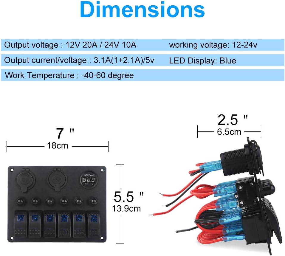 WATERWICH Marine Boat Car 6 Gang ON-Off Ignition Waterproof Toggle Rocker Switch Panel with12V/24V Circuit Breaker LED Voltmeter Car Charger for RV Vehicle Truck (Switch Panel): Automotive