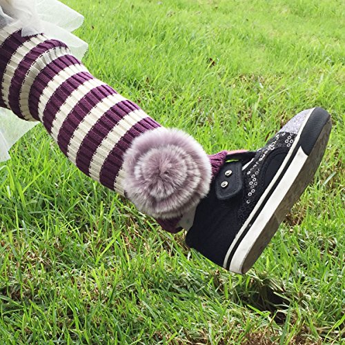 Wrapables Children's Striped Leg Warmers with Pom Pom, Purple