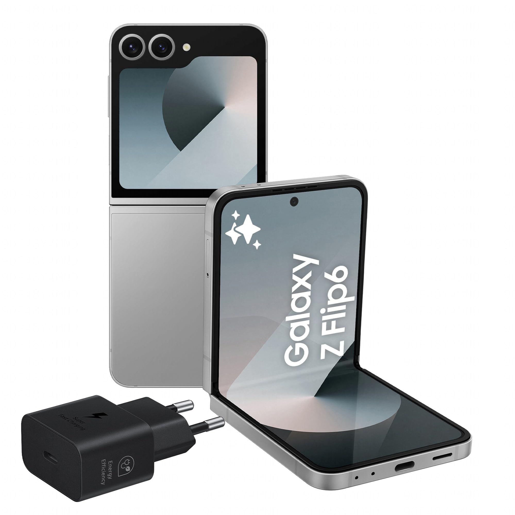 Samsung Galaxy Z Flip6 Smartphone AI pieghevole, Caricatore Incluso, RAM 12GB, 512GB, Dual SIM, Display 3,4" SAMOLED/6,7" Dynamic AMOLED 2X, Fotocamera 50 MP, Silver Shadow [Versione italiana]