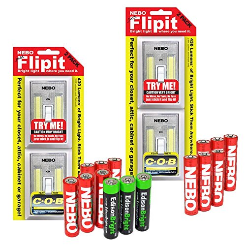 4 Pack Nebo Flipit 215 Lumen COB LED Magnetic Room/Closet/shed Light 6523 with 3 X EdisonBright AAA Alkaline Batteries Bundle