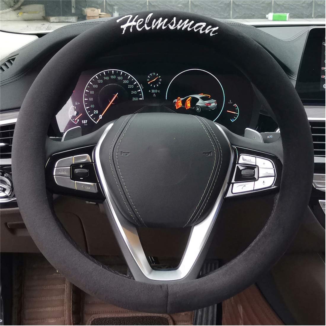 Super Feel Universal Warm Car Grip Cover Simple Short Plush Steering Wheel Cover Universal Autumn Winter Cover 37cm-38cm (round) black