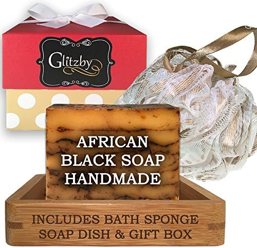 African Black Soap - Luxury Handmade Soap Bath Gift Set - Includes Loofah & Bamboo Soap Dish