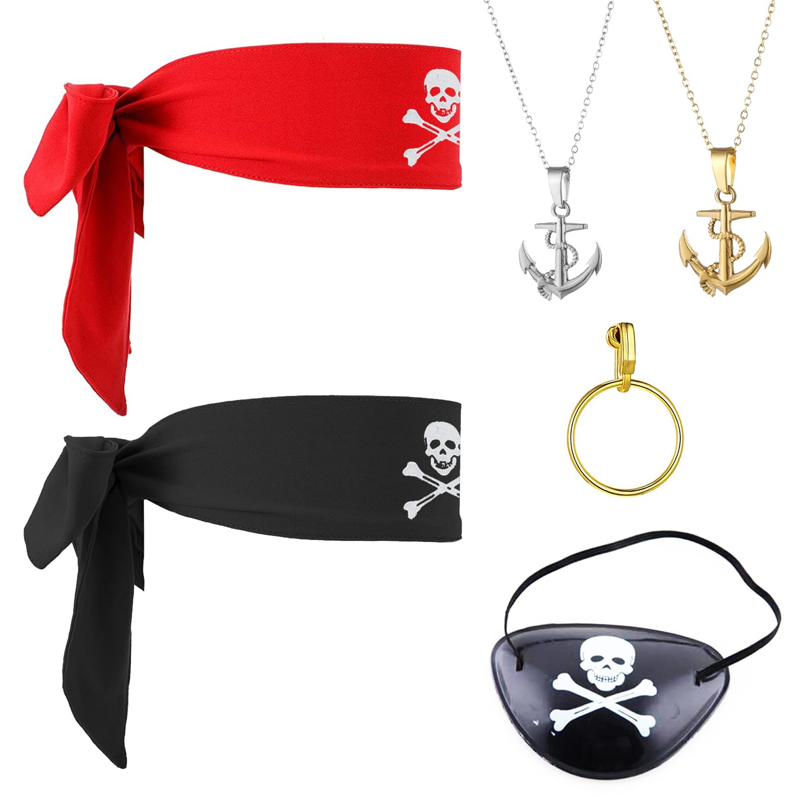 VIKSAUN 6 Pieces Pirate Costume Accessories Set, Pirate Eye Patches, Pirate Bandana, Hoop Earrings, Vintage Pirate Necklace, Pirate Captain Dress Up Set for Halloween and Pirate Party (6 Pieces)