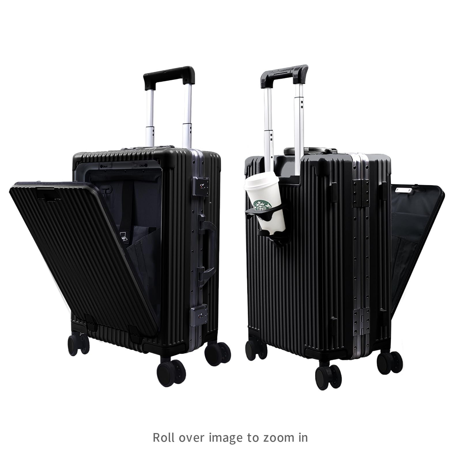 Carry On Luggage with Cup Holder and Usb Port, Aluminum Frame, Front Compartment, TSA Lock, 22x14x9 Airline Approved Hardside Suitcase with Spinner Wheels(Black, 20-lnch)