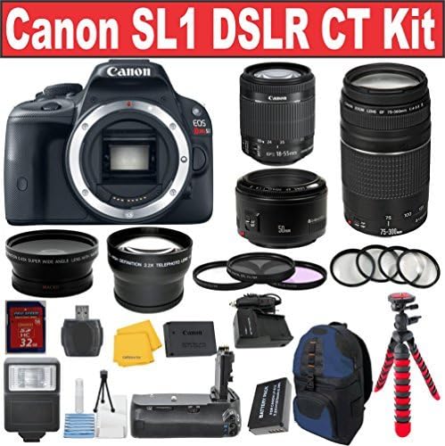 Canon EOS Rebel SL1 Digital SLR Camera + Canon 18-55 STM Lens + Canon 50 1.8 Portrait Lens + Canon 75-300 III Zoom Lens - International Version