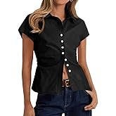Cicy Bell Womens Summer Button Down Shirts Short Sleeve Slim Fit Ruched Cotton Blouses Cute Going Out Tops