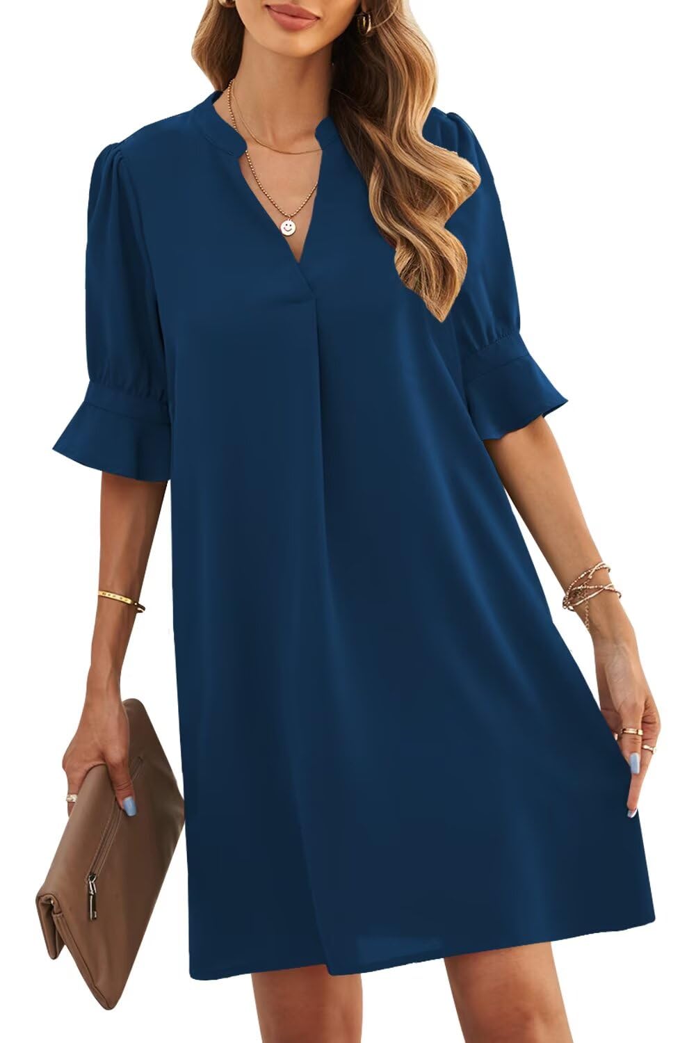 Photo 1 of JOCAFIYE Womens Summer Dresses V Neck Casual Loose Solid Color Shift Dresses Wedding Guest Dress Dark Blue L