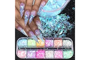 Mermaid Flake Nail Glitter Sequins, CHANGAR Iridescent Ice Slag Colorful Fluorescent Glass Paper Nail Sticker Holographic Nail Glitter for Make Up DIY Nail Decoration