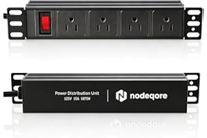 NodeQore 10 inch Rack PDU, 4 Rear Outlets, 1020J Surge Protection &15A Overload Switch, 1U RackMount, Rack Mount Power Strips