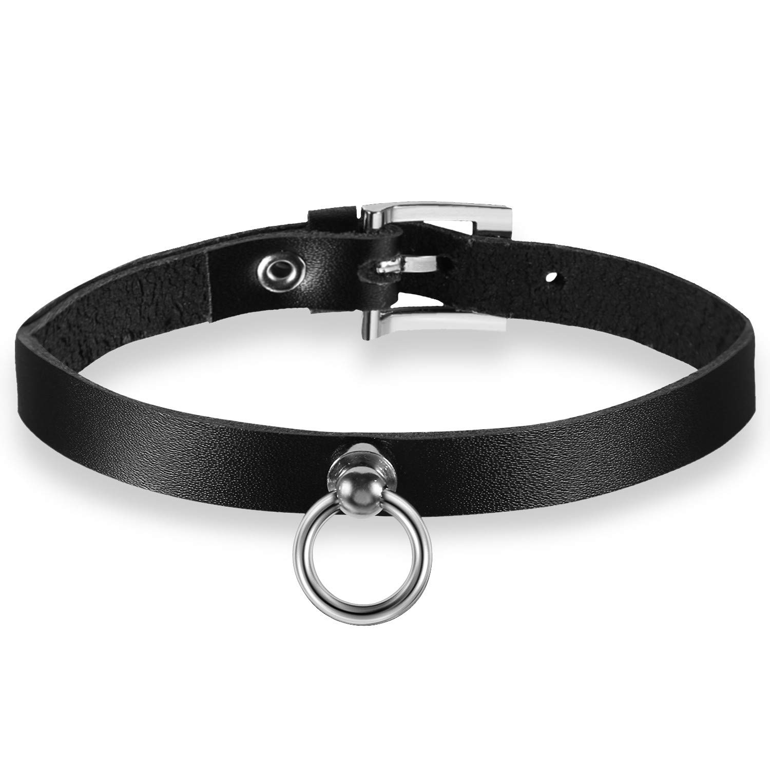 Cupimatch O Ring Leather Choker Necklace for Women, Black Gothic Punk Adjustable Buckle Belt Collar Necklace 15"