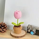 Lutoku Cute Knitted Flower Plant, Kawaii Handmade Crochet Flowers,Small Potted Artificial Flower Plants, Desk Home Car Dashboard Decorations (Tulip-Pink)
