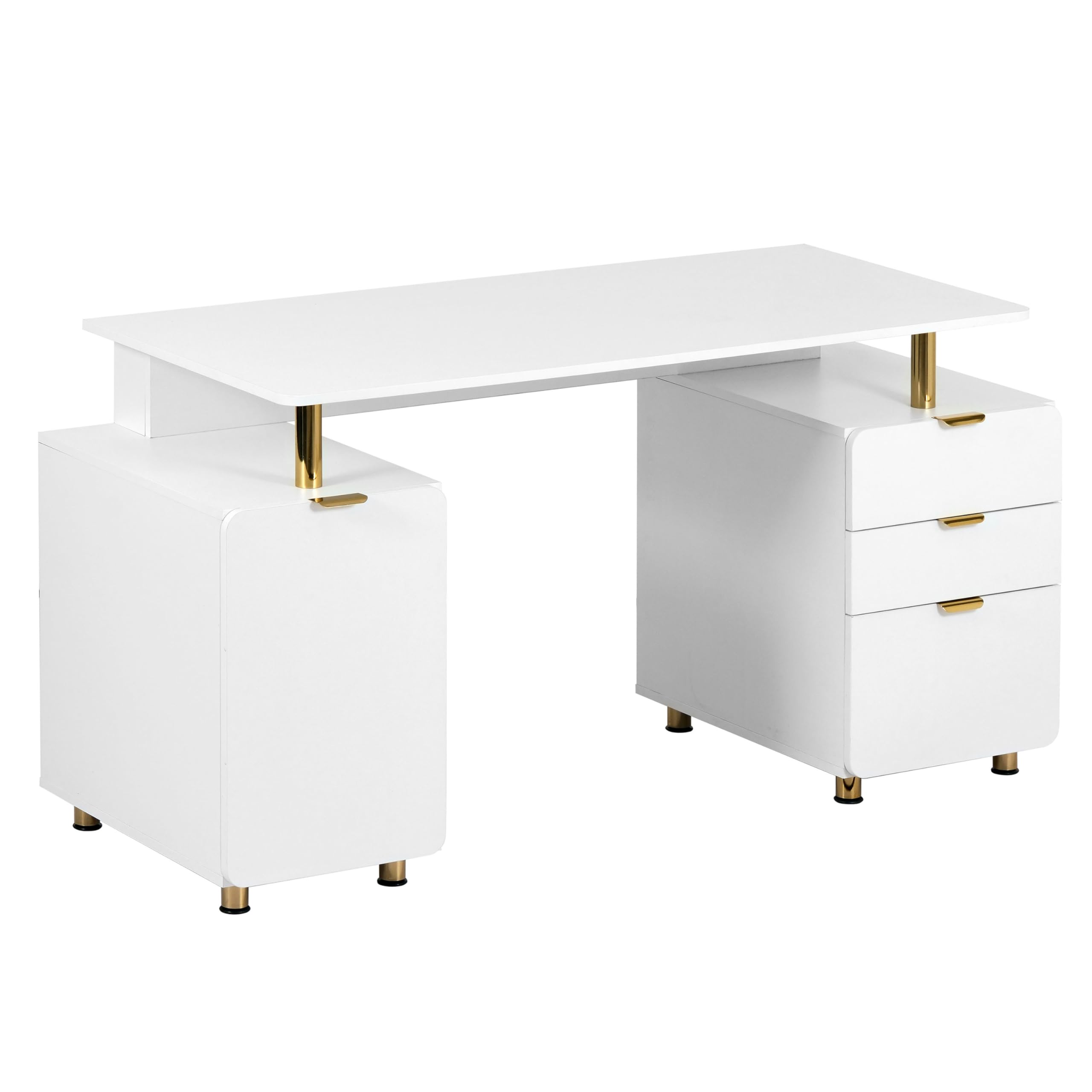 Photo 1 of ***INCOMPLETE***Elegant 56.75" W Executive Desk with 3 Drawers and Storage Cabinet, Modern Office Desk with Gold Accents, Floating Work Surface, Closed Storage with Ventilation & Adjustable Shelf (White,Gold)
