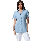 FASHIONSPARK Women's Denim Drawstring Shirt V Neck Short Sleeve Button Down Tops Basic Jean Casual Shirts