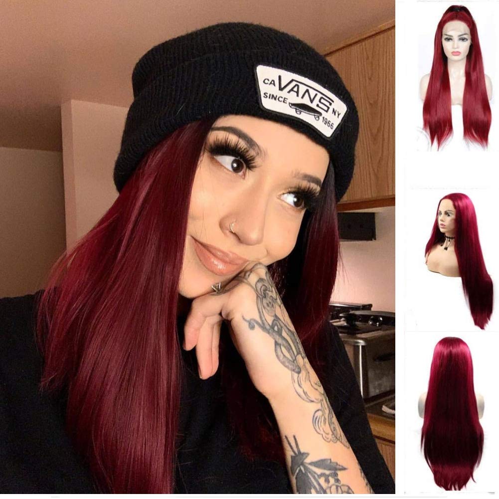 Wine Red Lace Front Wigs for Women Long Burgundy Silky Straight Heat Resistant Lace Wig with Baby Hair Natural Hairline Synthetic Hair Wig Halloween Cosplay Costume Daily Use 24 Inches