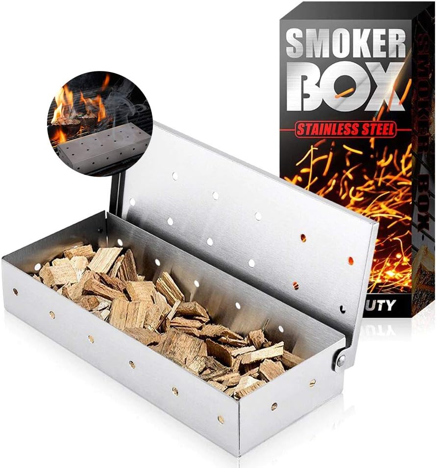 Räucherbox, Edelstahl Smokerbox für Gasgrill, Kohlegrill, Holzkohlegrills & Kugelgrill Raucherbox, Smoke Box Grill Räucherkasten Grillzubehör für Feinste Raucharomen - Silber (Ohne BBQ Räucherchips)