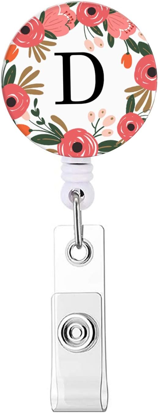 Badge Reel, Retractable ID Card Badge Holder with Alligator Clip, Name Nurse Decorative Badge Reel Clip on Card Holders (Floral Wreath Letter D)