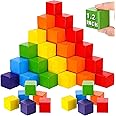 Libima 100 Pcs 1.2 Inch Wooden Building Blocks Stacking Game, Rainbow Wooden Blocks Set Square Colorful Wooden Cubes Counting Blocks Large Blocks Learning Educational Toys for Math Girls Boys