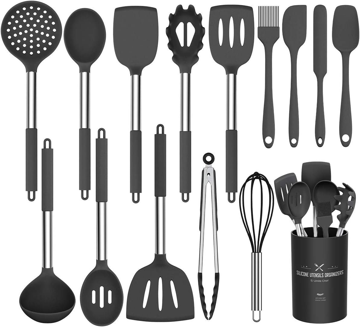 Silicone Cooking Utensil Set, Umite Chef 15pcs Silicone Cooking Kitchen Utensils Set, Non-stick Heat Resistant - Best Kitchen Cookware with Stainless Steel Handle - Black(BPA Free, Non Toxic)