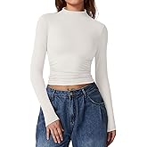 QINSEN Womens Mock Neck Long Sleeve Shirt Double Lined Basic Tees Side Ruched Going Out Crop Tops