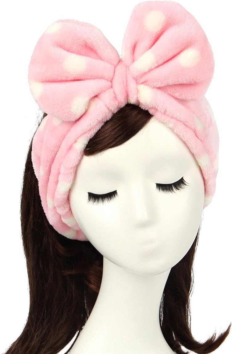 Smilesun Fashion Lovely Soft Carol Fleece Bowknot Bow Makeup Cosmetic Shower Elastic Hair Band Hairlace Headband for Women and Girl(pink polka dots)