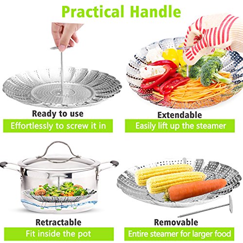Vegetable Steamer Basket Stainless Steel Steamer Insert for Steaming Veggie Food Seafood Cooking, Metal Handle and Foldable Legs, Collapsible to Fit Various Pot Pressure Cooker, 5.3" Extends to 9.5" - Thumbnail 3