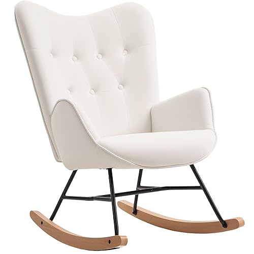 HOMCOM Rocking Chair, Modern Upholstered Velvet Armchair with Solid Wood Legs and Metal Frame for Living Room, Bedroom, Cream