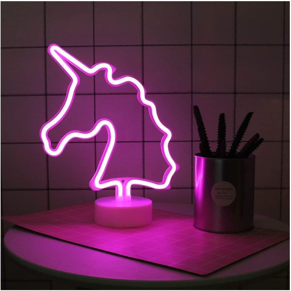 QiaoFei LED Unicorn Sign Night Light,Neon Unicorn Shaped Decor Light with Holder Base,Table Light Marquee Signs/Wall Decor for Chistmas,Birthday Party,Kids Room,Living Room,Wedding Party Decor(Pink)