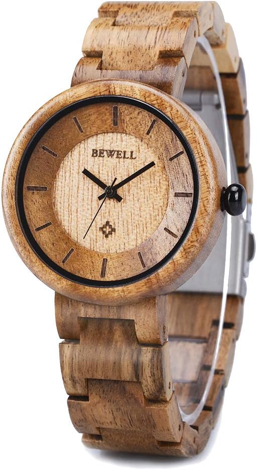 Wood Watches for Women, BEWELL Wooden Handmade Watch with Lightweight Adjustable Wood Band, Natural Casual Fashion Quartz Wristwatch