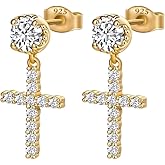 Yellow Gold Plated 925 Sterling Silver Hanging Drop Round Stud Cross Earrings for Men Women Dangle Earrings Unisex Hip Hop Jewelry CZ Hypoallergenic Ice Out Cross Dangle Earrings for Men