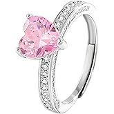 Topty 925 Sterling Silver Plated Birthstone Rings for Women, Pink Heart CZ Adjustable Open Heart Cubic Zirconia Birthstone Band Ring Birthday Month Wedding Jewelry Gifts