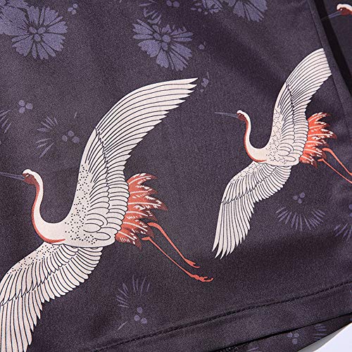 Hotmiss Men's Kimono Cardigan Jacket Japanese Style Flying Crane Seven Sleeves Open Front Coat (Navy Crane, Large)