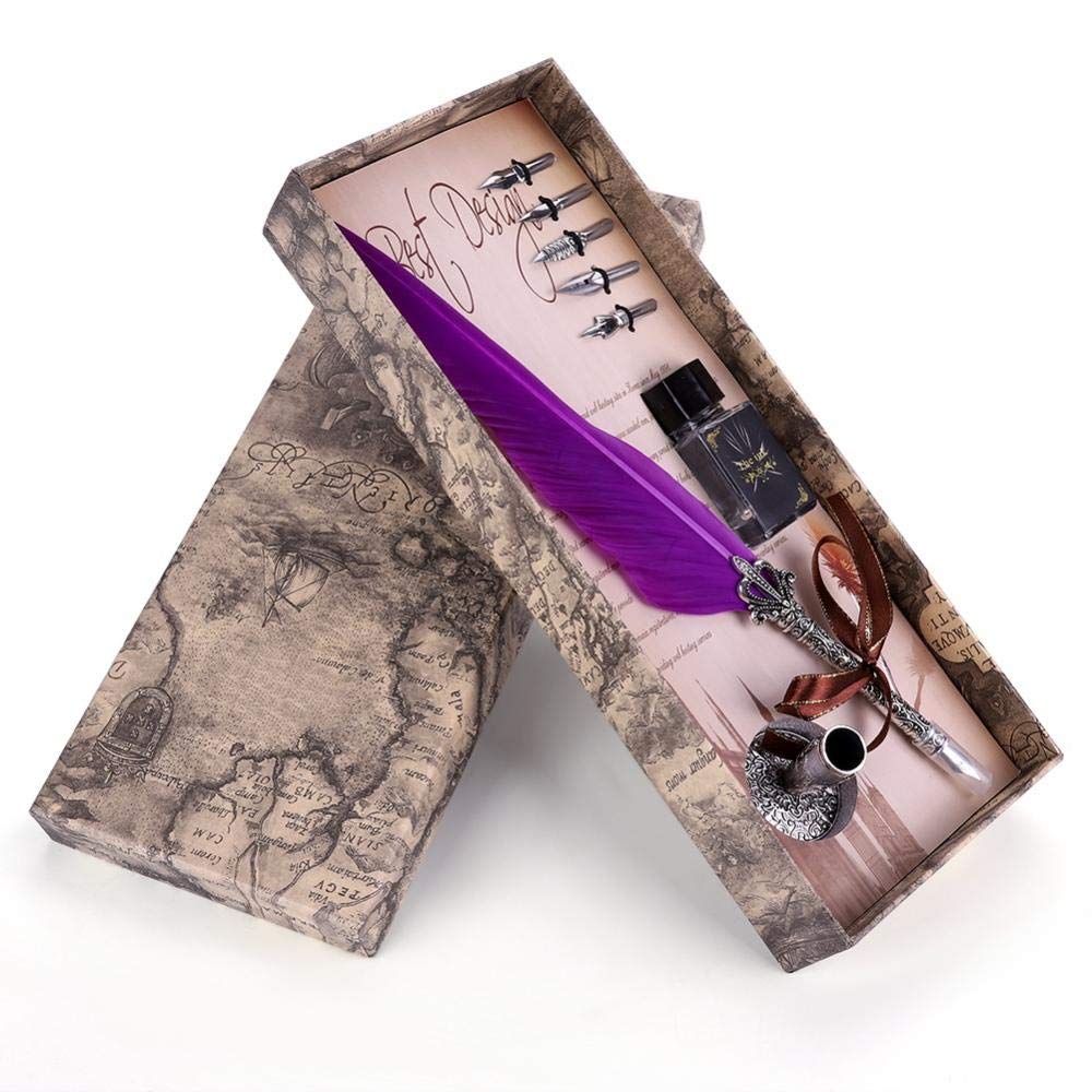 VBESTLIFE Quill Pen, Classic Retro Fountain Pen Feather Dip Pen Gift Box for Christmas/Valentine or for Friend, Family Members and Teachers with Beautiful Inkbox (Purple)